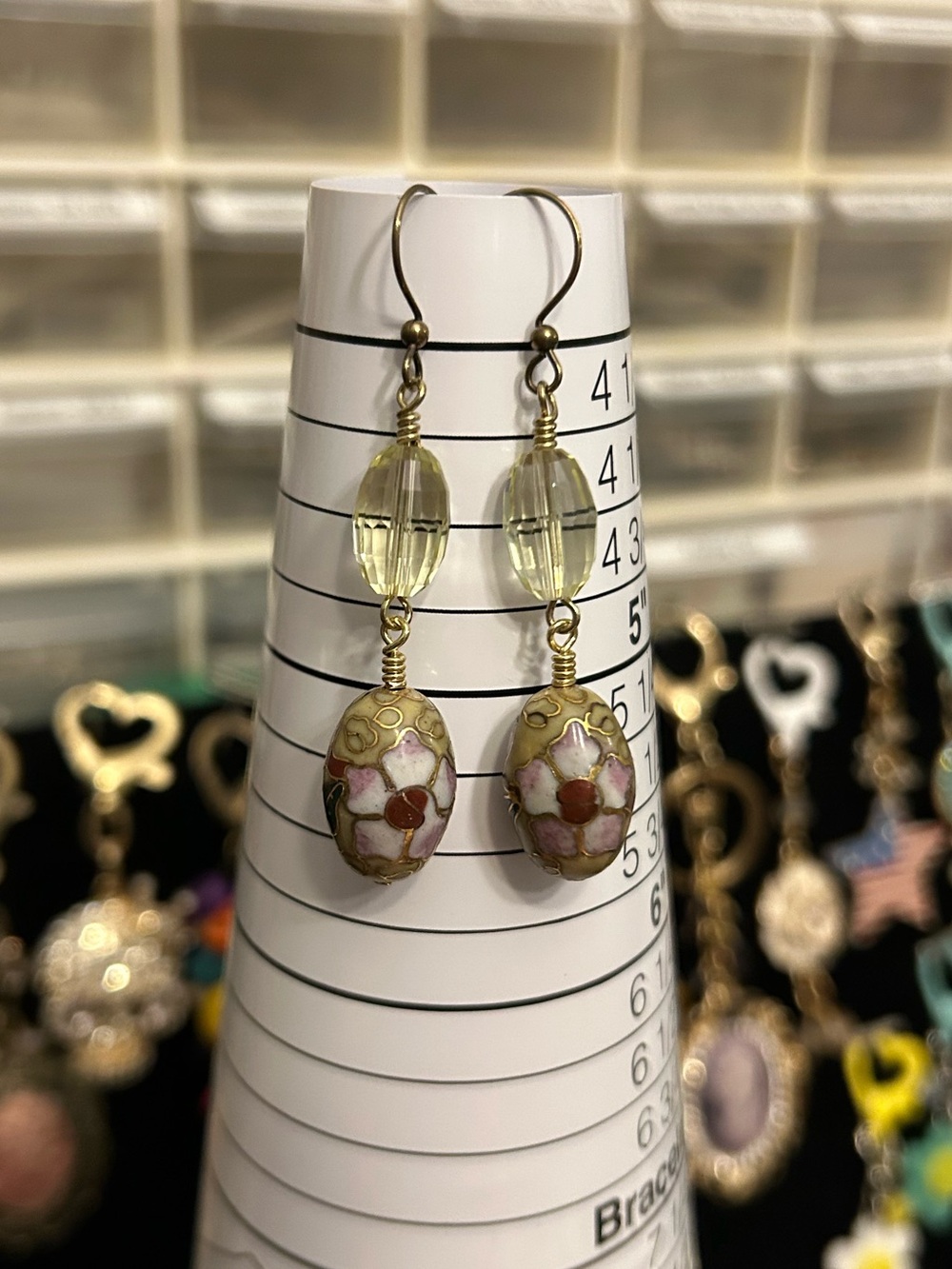 Wire Wrapped Olive Cloisonné Earrings